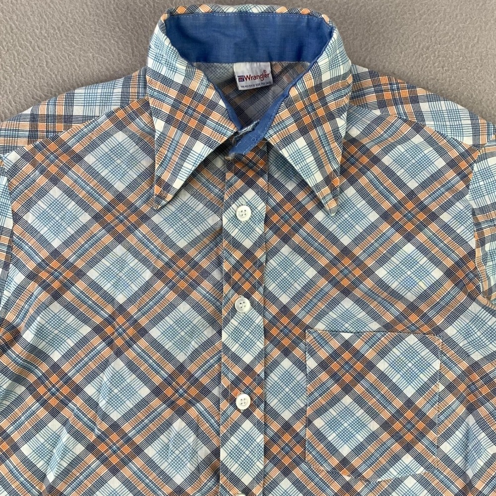 Vintage Wrangler Plaid Button Up Shirt Mens L Blue 70s Western Disco Short Sleev